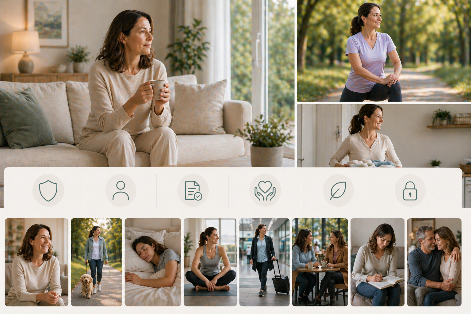 A simple, calming illustration of a person sitting cross-legged with a gentle smile, surrounded by soft shapes representing support and care.